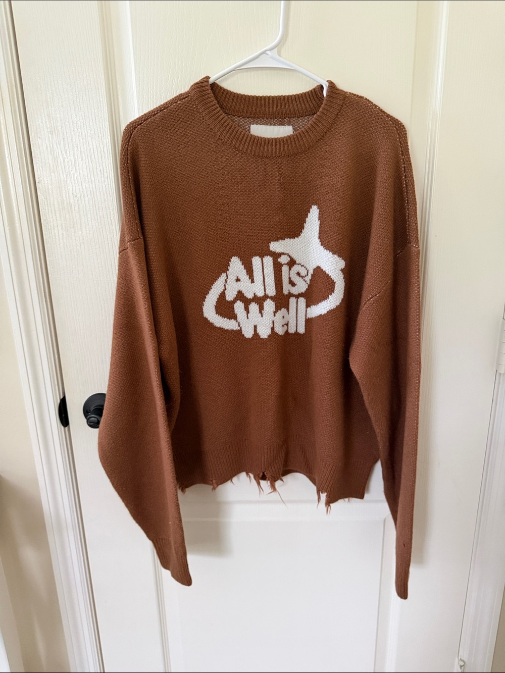 PacSun Brown Crewneck Sweater with White "All Is Well" Graphic